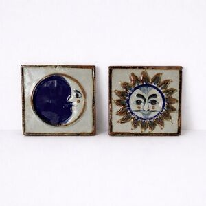 VTG Mexican Ceramic Sun & Moon Wall Tiles-Handmade Glazed Folk Art Set